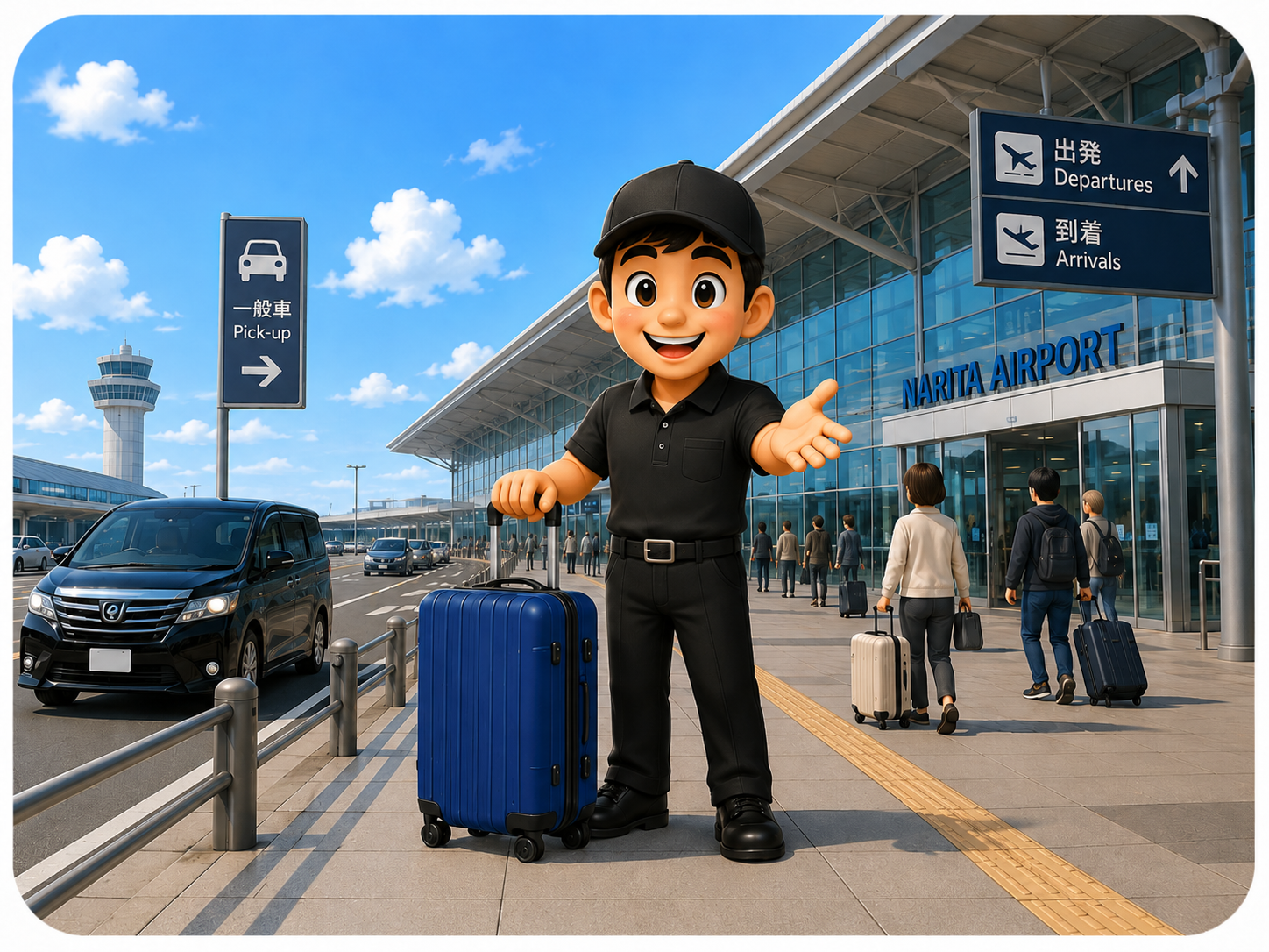 A PLC driver collecting luggage outside Narita Airport