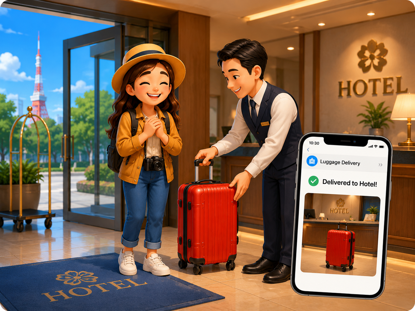 A traveler arriving hands-free, with bags delivered to her hotel and a photo confirmation
