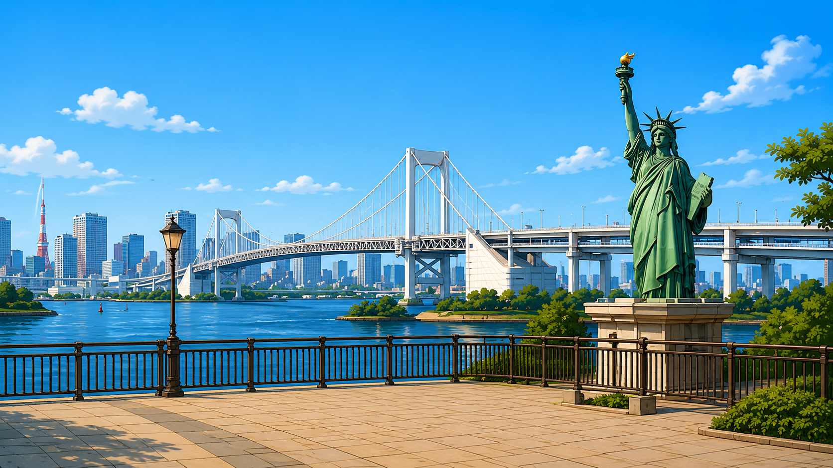 Odaiba waterfront and Rainbow Bridge