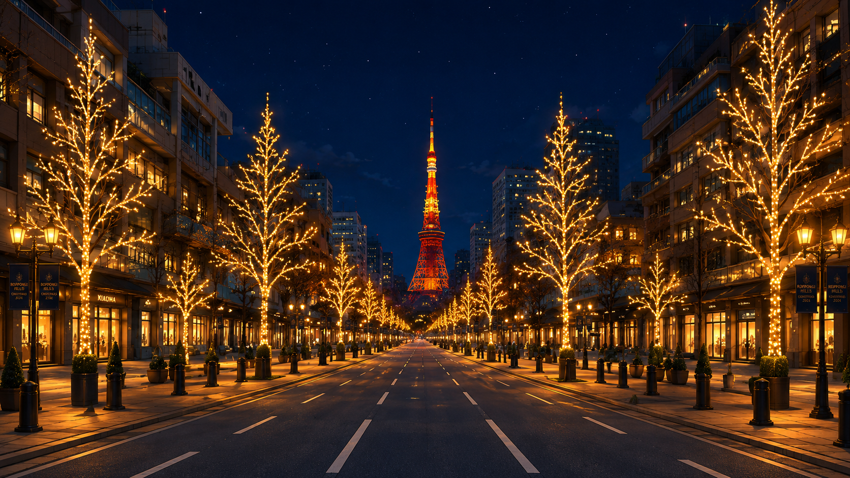 Tokyo Tower beyond an illuminated avenue