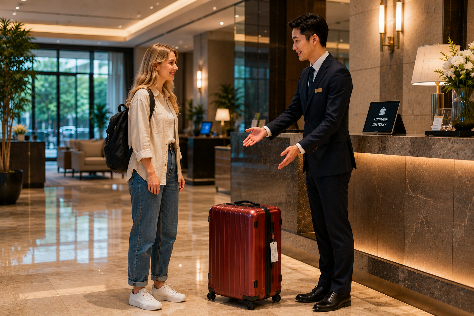 A traveler receiving her luggage at her Tokyo hotel, smiling