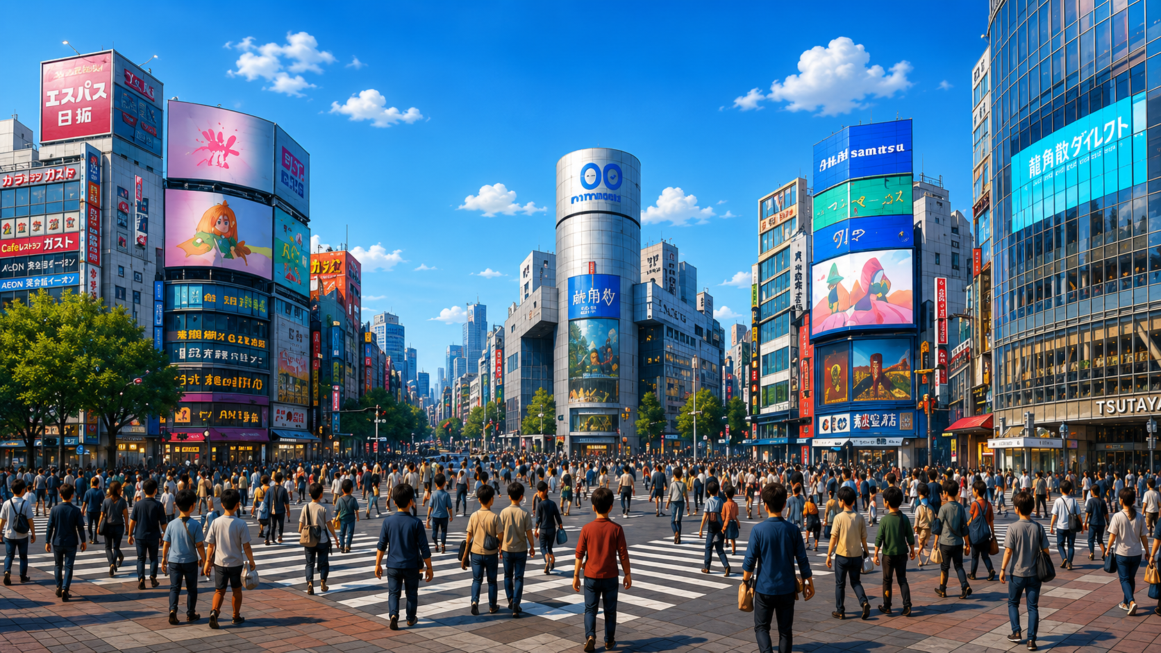 Crowds streaming across the Shibuya scramble crossing