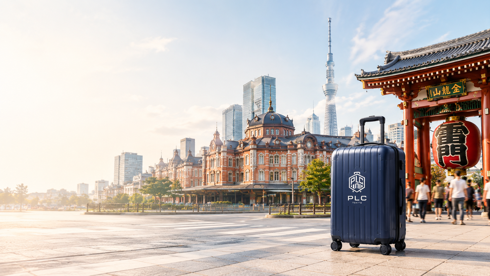 A navy PLC TOKYO suitcase on the plaza with Tokyo Station, Tokyo Skytree and the Kaminarimon gate behind