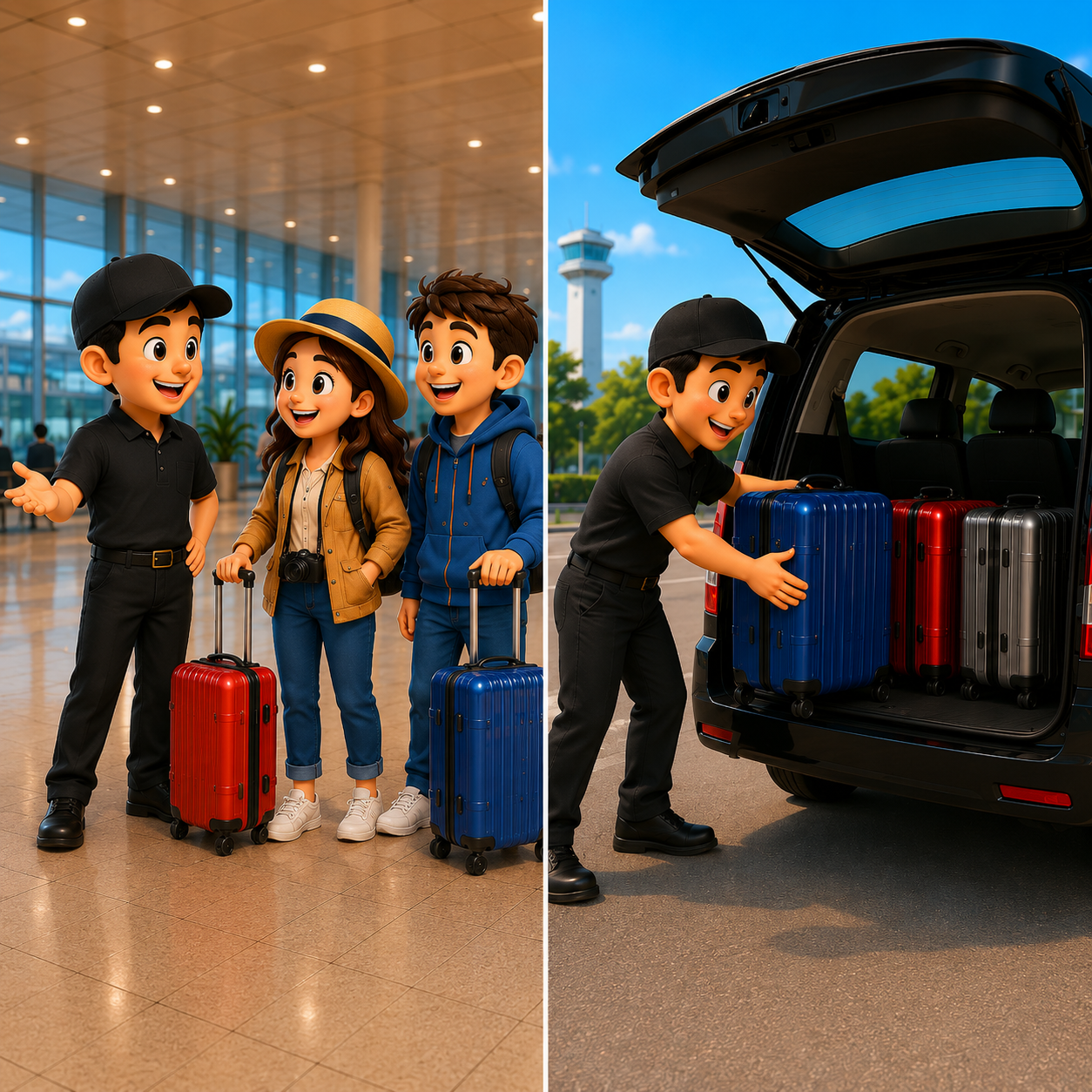 A PLC driver welcoming a family and loading their suitcases alone into the private van